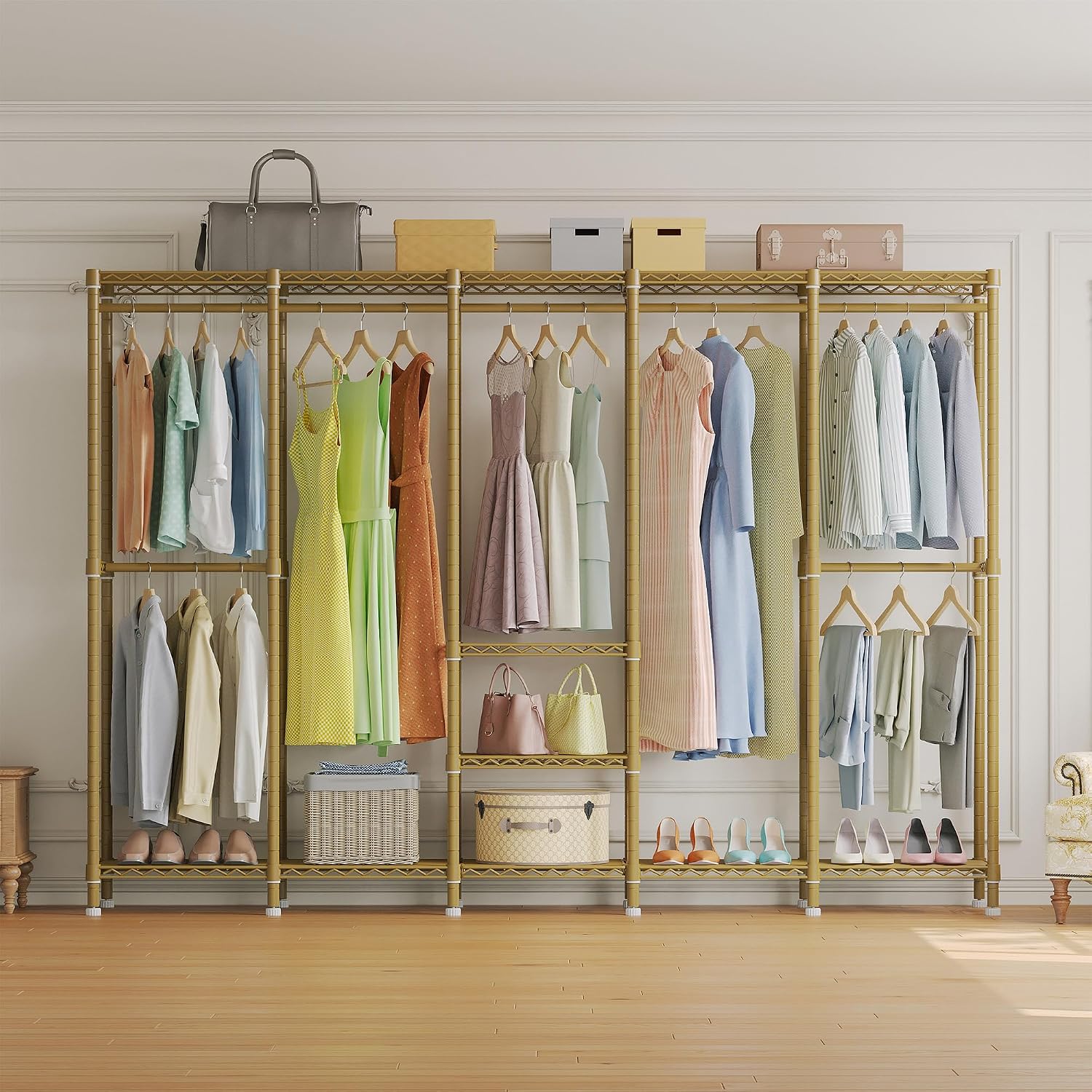 Higeego H5 Large Wire Garment Rack, Heavy Duty Clothes Racks, Wardrobe Closet Rack for Hanging Clothes, Freestanding Clothing Racks with Adjustable Shelf, 93.3' Wx15.7 Dx75.4 H, Gold, Load 1400 lbs