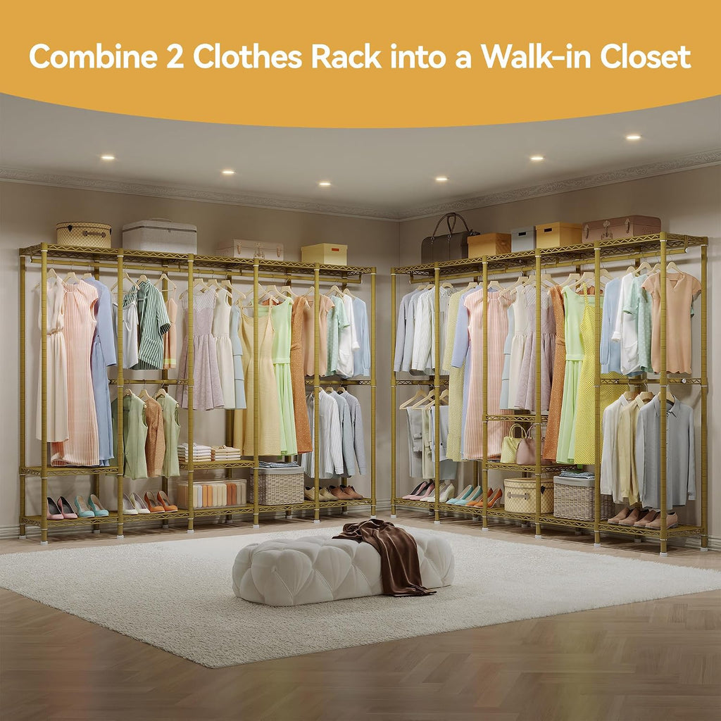 Higeego H5 Large Wire Garment Rack, Heavy Duty Clothes Racks, Wardrobe Closet Rack for Hanging Clothes, Freestanding Clothing Racks with Adjustable Shelf, 93.3' Wx15.7 Dx75.4 H, Gold, Load 1400 lbs