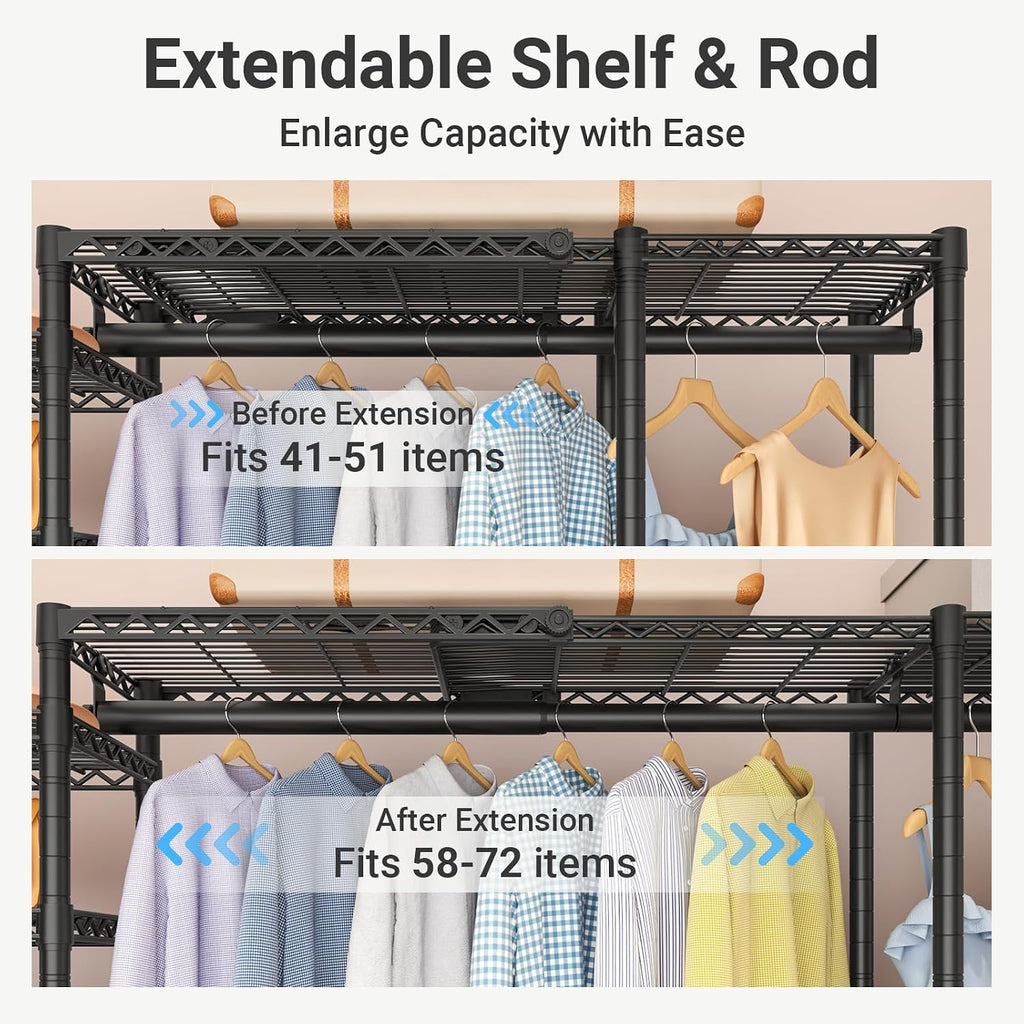 VIPEK Classic V6X Dynamic Closet System, Expandable Freestanding Clothes Rack with Shelves & Hanging Rods, Adjustable Width 62'-96', Modular Metal Clothing Rack Organizer for Reach-in Closet