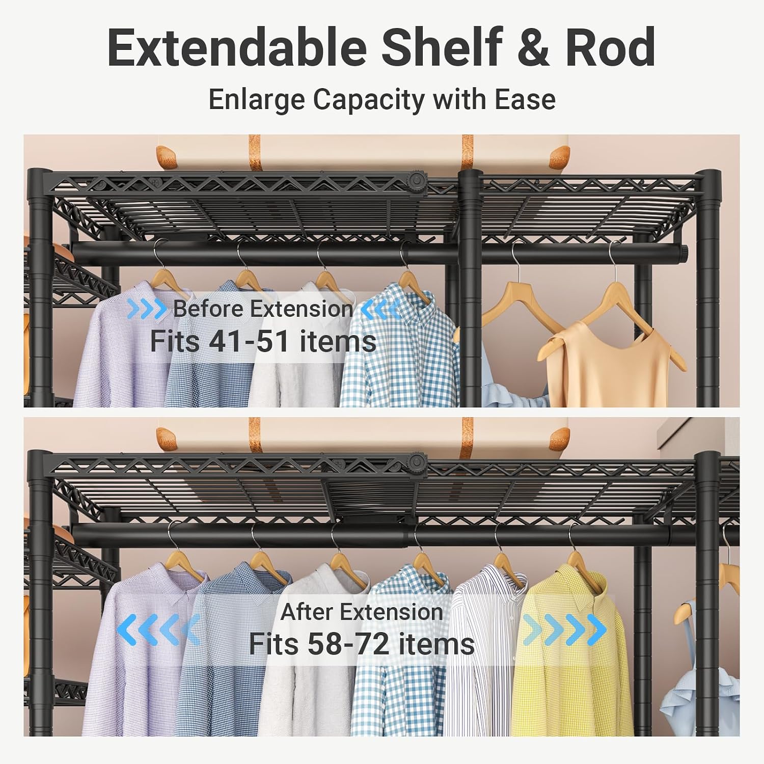 VIPEK Classic V6X Dynamic Closet System, Expandable Freestanding Clothes Rack with Shelves & Hanging Rods, Adjustable Width 62'-96', Modular Metal Clothing Rack Organizer for Reach-in Closet