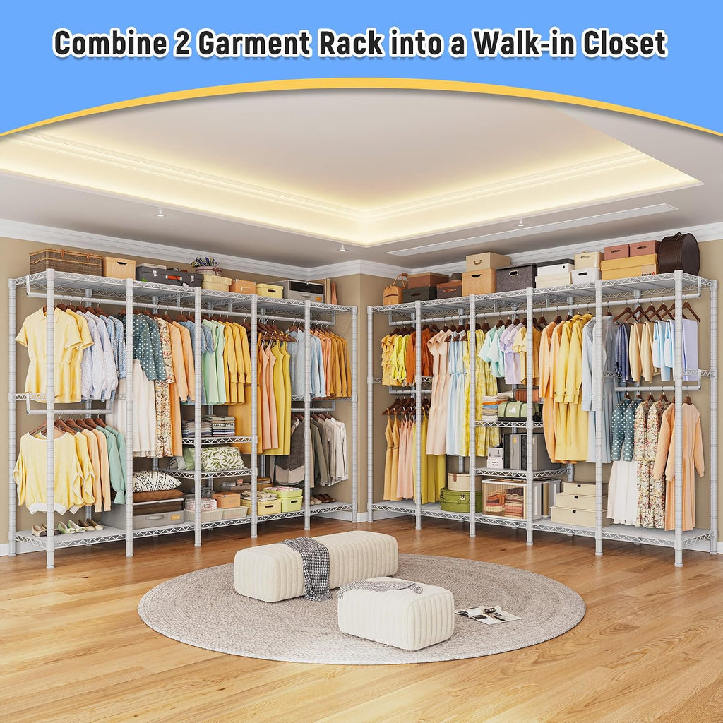 Raybee 88.2' W Clothes Rack Heavy Duty Clothing Racks for Hanging Clothes Extra Wide Portable Closet Loads 1200LBS Freestanding Garment Rack for Bedroom 88.2' W x 75.6' H x 15.7' D, White
