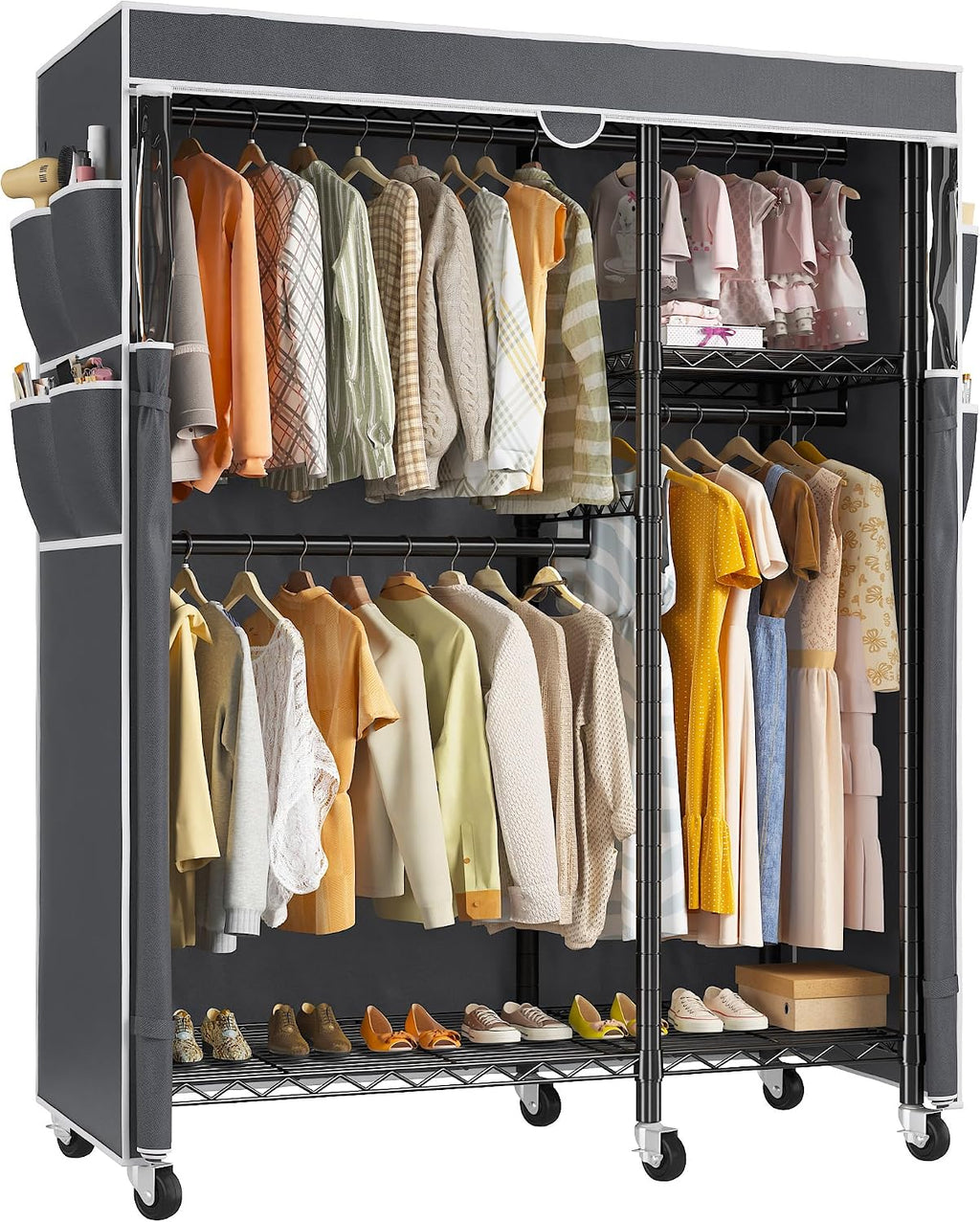 Raybee Rolling Clothes Rack with Cover, Clothing Racks for Hanging Clothes, Heavy Duty Portable Closet with Wheels, Garment Rack for Bedroom, Quick Assembly, Black