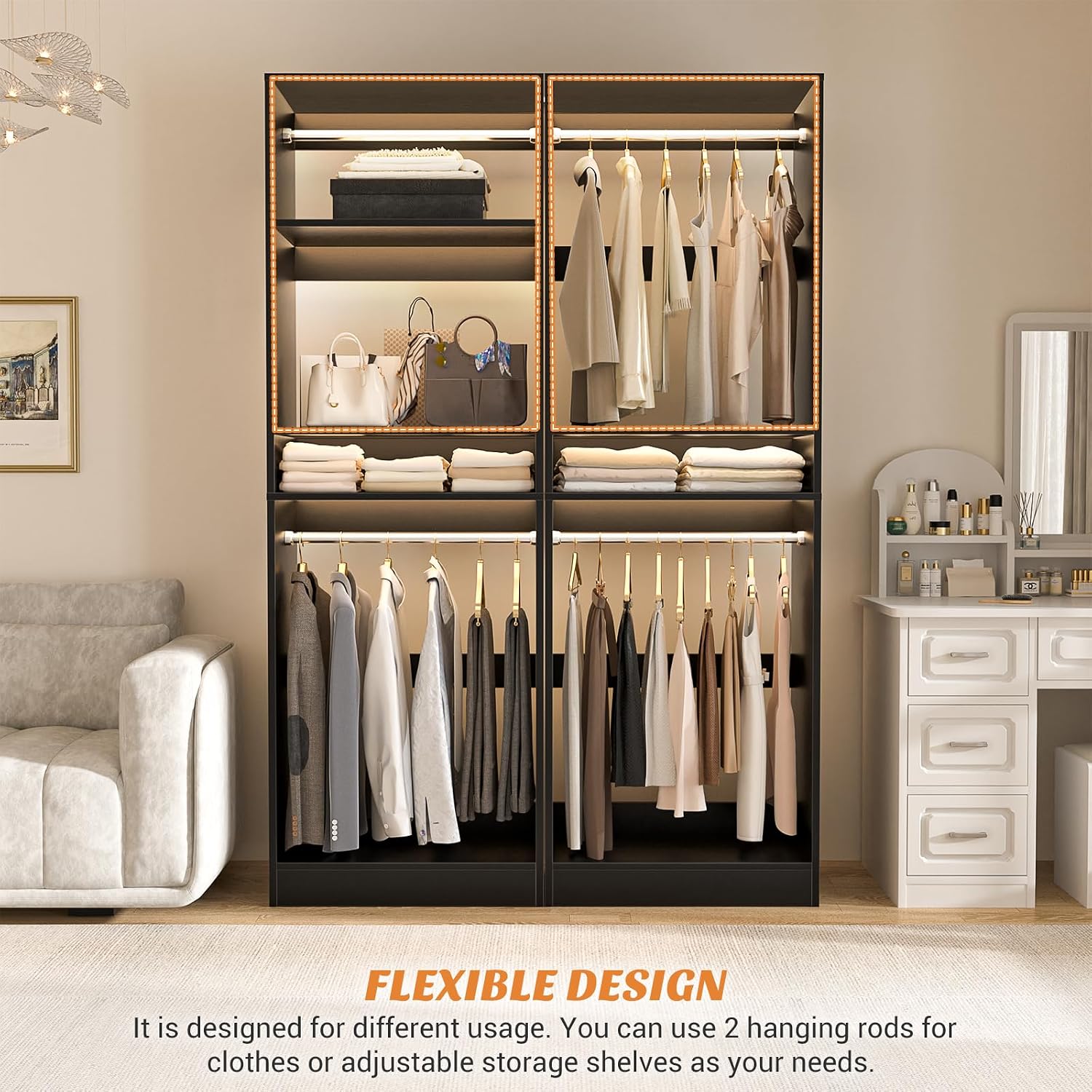 Unikito Freestanding Closet System, 25' Closet Organizer Wardrobe with Hanging Rod & Shelves, Adjustable Clothes Garment Rack, Sturdy Walk in Towers, Easy Assembly, 25' W x 16' D x 80' H, Black