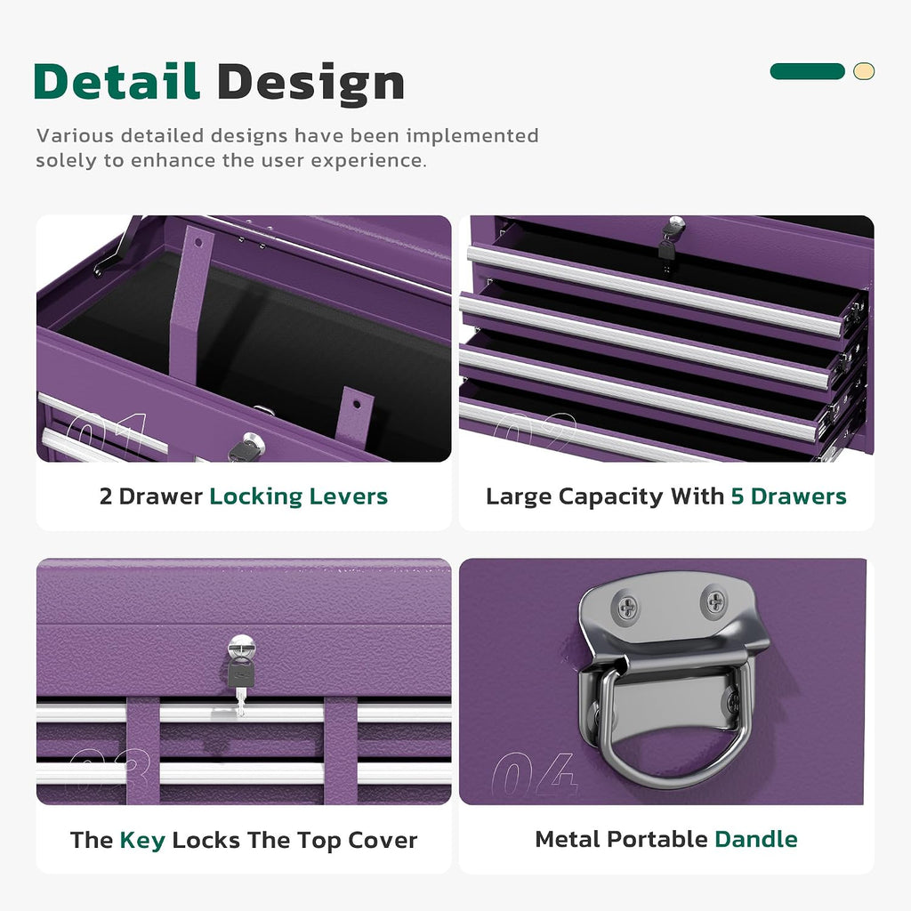 Greenvelly Tool Chest, 5-Drawer Rolling Tool Chest with Hooks and Lockable Wheels,Metal Storage Detachable Top Tool Box with Lockable Wheels for Garage,Workshop,Art Studio(Purple)