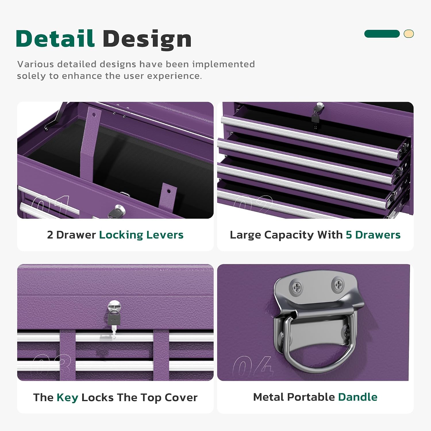 Greenvelly Tool Chest, 5-Drawer Rolling Tool Chest with Hooks and Lockable Wheels,Metal Storage Detachable Top Tool Box with Lockable Wheels for Garage,Workshop,Art Studio(Purple)
