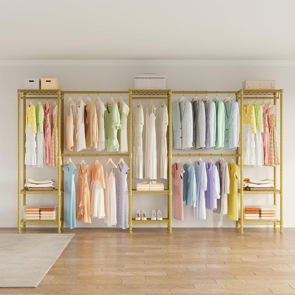 Higeego Large Clothes Rack, Clothing Rack for Hanging Clothes, Heavy Duty Garment Rack, Freestanding Wardrobe Closet with Extendable Hanger Rods, Width from 7.8 to 10.8 ft, H11 Gold
