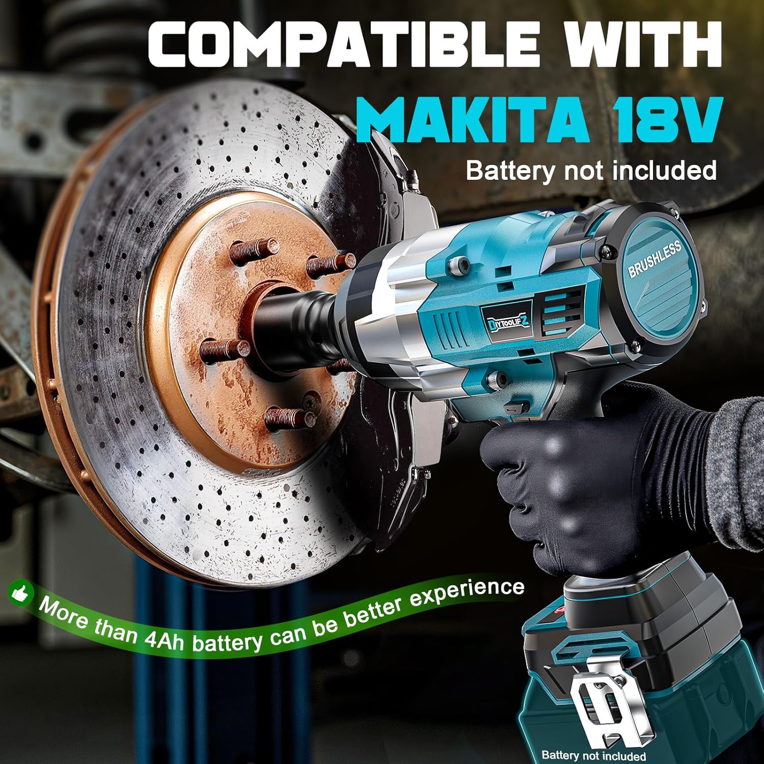 DIYtoolifz 3/4' Cordless Impact Wrench Compatible with Makita 18V Battery: 1850FT-LBS(2500N.m) High Torque Impact Driver, Auto-Stop Reverse, 4-Speed Heavy Duty Impact for Car/Truck/Mower(Bare Tool)