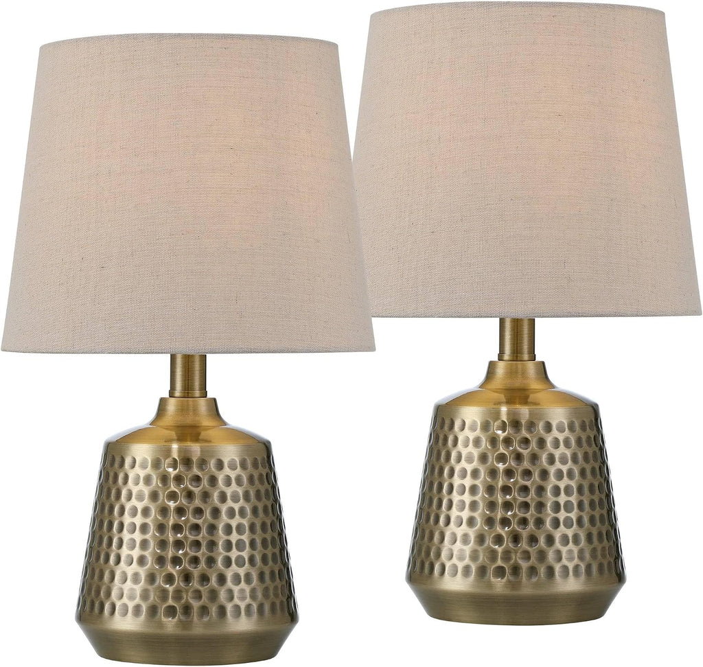 360 Lighting Argus 16' High Small Modern Accent Table Lamps Set of 2 Gold Textured Brass Finish Metal Linen Beige Shade Living Room Bedroom Bedside Nightstand House Office Home Reading Kitchen