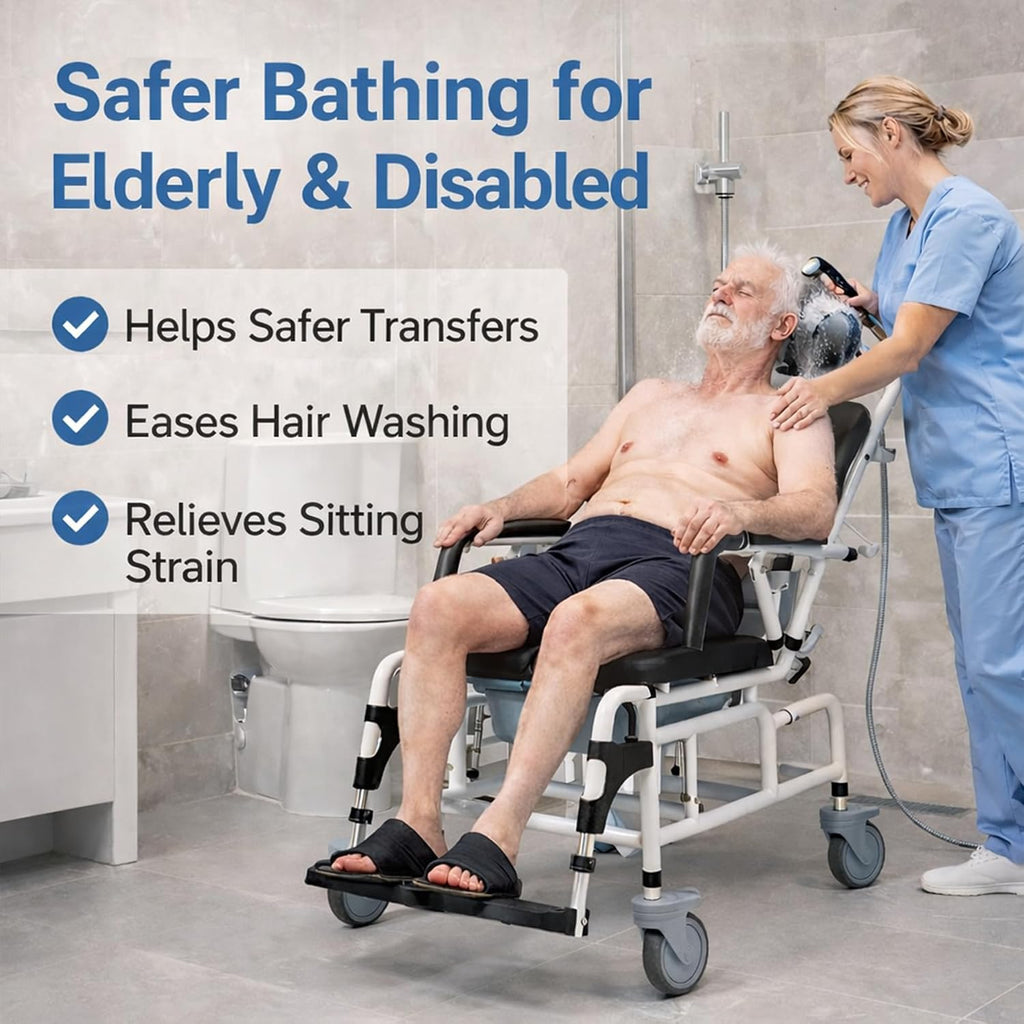 Eosprim Reclining Shower Chair with Wheels, Shower Wheelchair for Elderly and Disabled, Rolling Shower Chair with Commode, Bariatric Bathroom Wheelchair for Shower Use