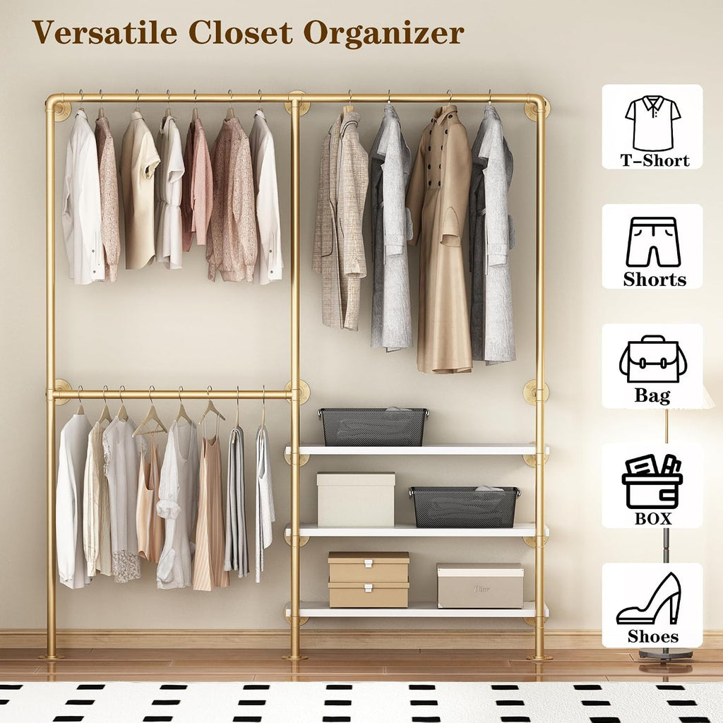 Industrial Pipe Clothing Rack, Gold Clothing Rack with Shelves, Wall Mounted Clothes Rack Heavy Duty Closet Organizers Wardrobe Multi-Purpose Storage Clothes Hanging Shelf - 70.8''L Gold