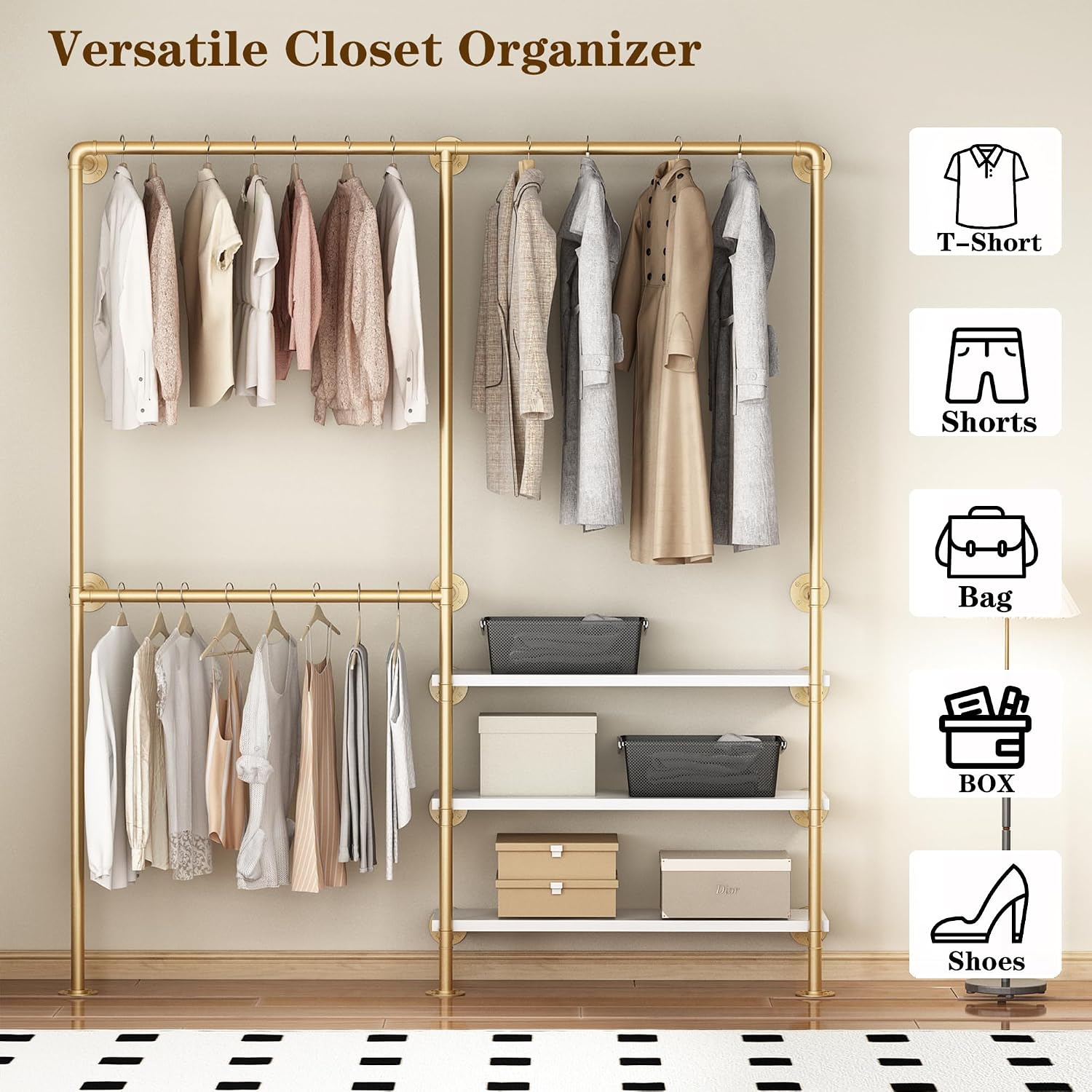 Industrial Pipe Clothing Rack, Gold Clothing Rack with Shelves, Wall Mounted Clothes Rack Heavy Duty Closet Organizers Wardrobe Multi-Purpose Storage Clothes Hanging Shelf - 70.8''L Gold