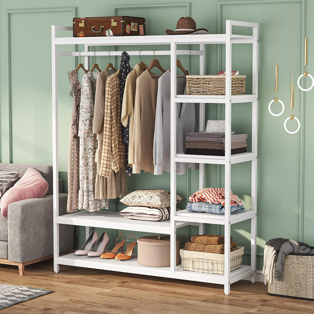 LITTLE TREE Free Standing Wood Closet Clothes Rack,Heavy Duty Grament Rack with Shelves,Hanging Racks for Clothes Clothing Rack for Bedrom,Wardrobe Closet Organizer,350 lb Capacity