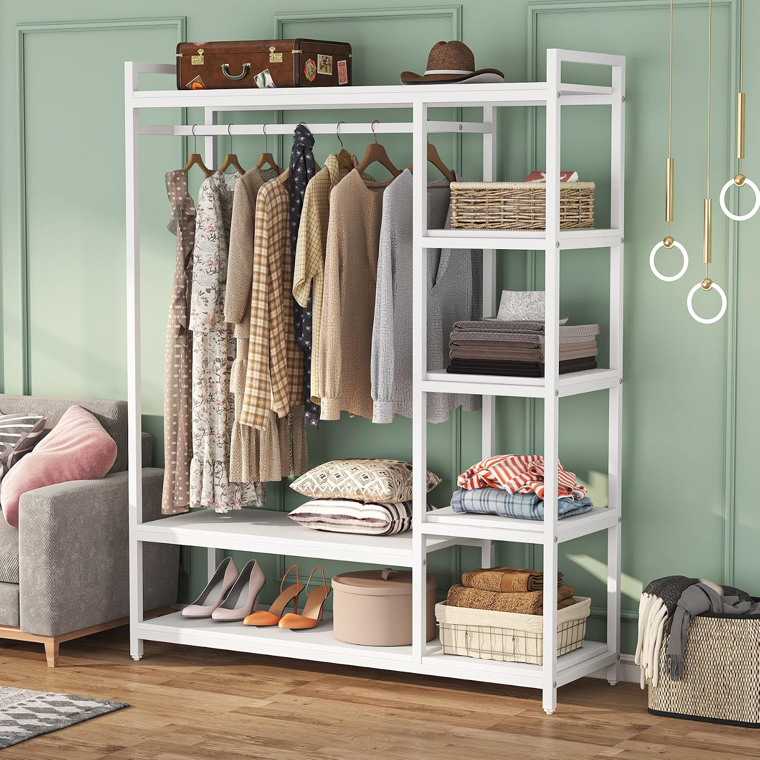 LITTLE TREE Free Standing Wood Closet Clothes Rack,Heavy Duty Grament Rack with Shelves,Hanging Racks for Clothes Clothing Rack for Bedrom,Wardrobe Closet Organizer,350 lb Capacity