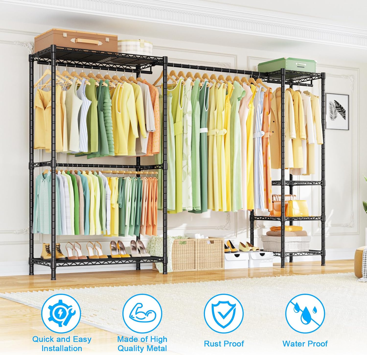 Ulif E10 Clothes Rack（With Stretchable Hanger Rod）Freestanding Clothing Racks for Hanging Clothes，Adjustable Closet Organizer System，Portable Garment Rack 73-97'W x 15' D x 72' H，Max Load 800LBS，Black