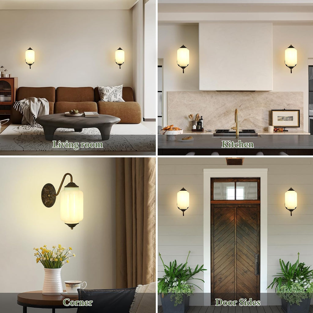 Vintage Milk Glass Wall Sconce - Set of 2 Green Dimmable Wall Mount Lighting with Bulbs - Antique Brass Gold Sconces - Mid Century Vanity Light Fixture for Bathroom Bedroom Living Room Hallway Decor
