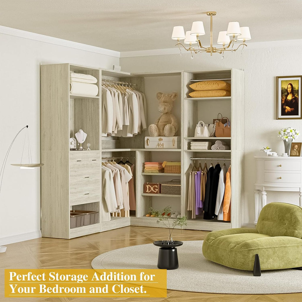 Unikito 86 Inch Closet System, 3 Sets Corner Closets Organizer with Hanging Rods and Mirror Design, Freestanding Adjustable Wood Clothes Garment Rack with Drawers, Sturdy Walk in Closet Kit, White Oak