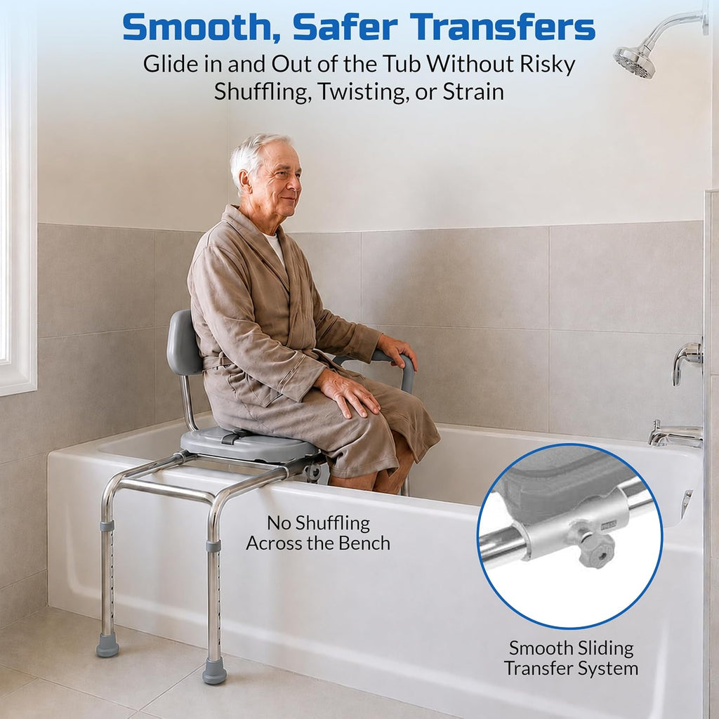 Platinum Health Sliding Shower Chair HydroGlyde Premium Heavy Duty, Padded Bathtub Transfer Bench with Cut Out Seat, for Bath Tub, Adjustable Legs, and Safety Belt, Quick Tool-Less Assembly, Gray