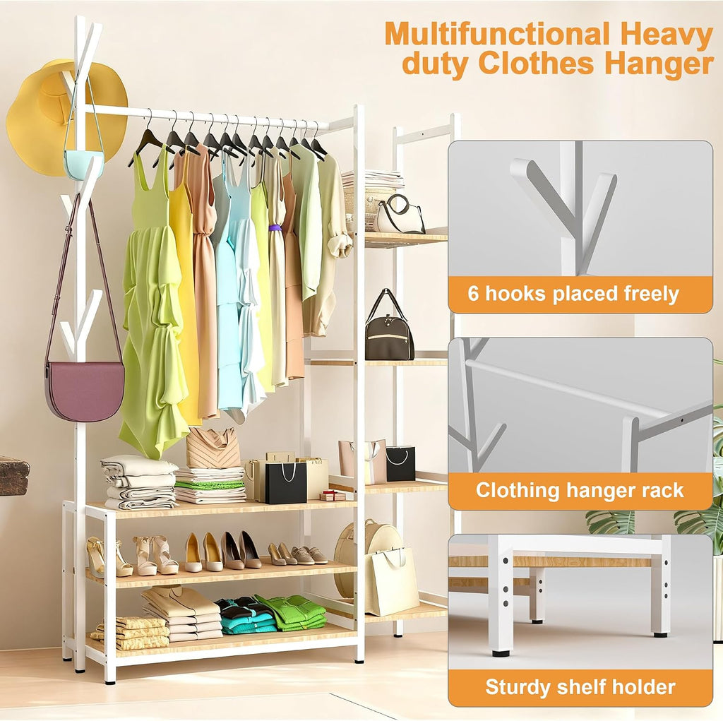 4 in 1 Freestanding Closet Organizer with Coat Rack & Shoes Rack & 5 Side Shelves, Heavy Duty Wood Clothing Rack for Hanging Clothes, Multi-functional Wardrobe Closet for Bedroom, Living Room (White)
