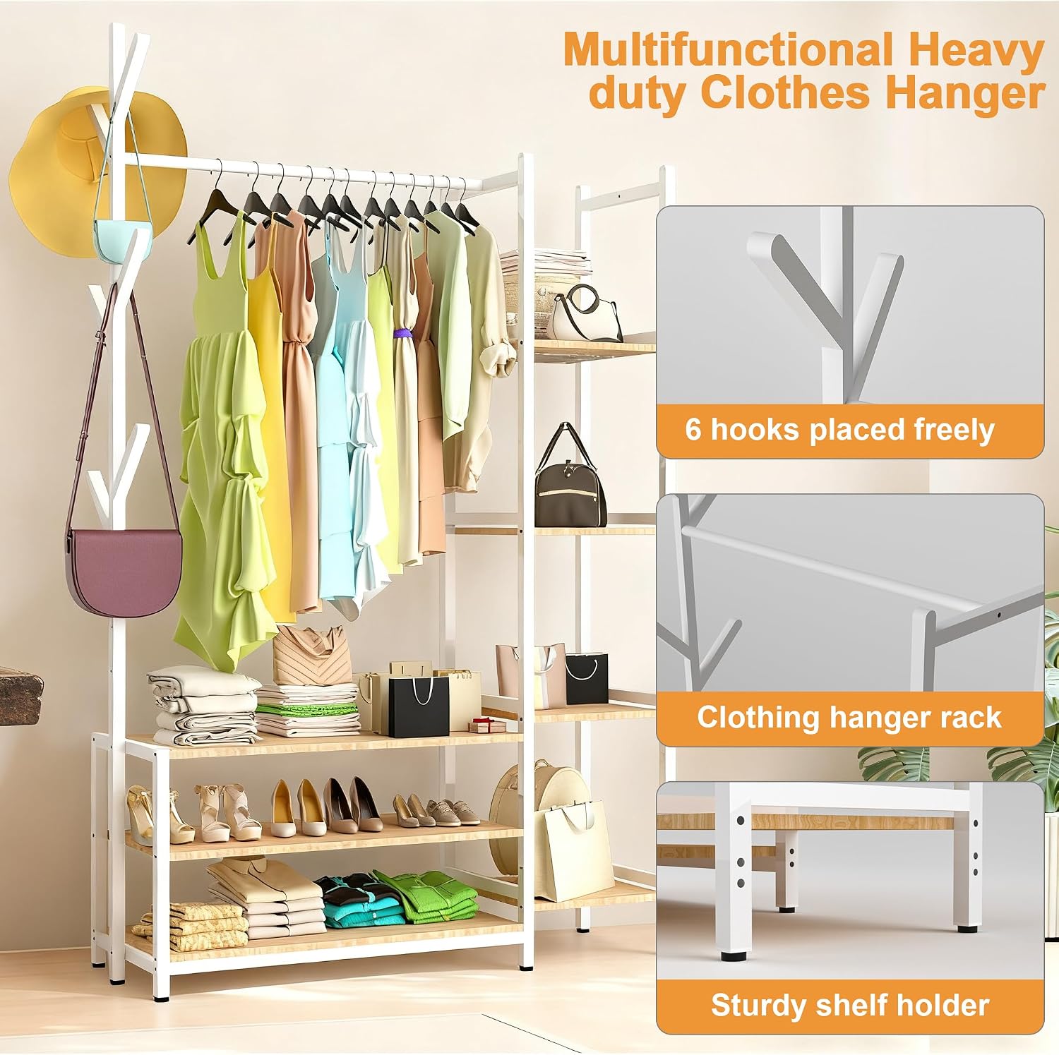4 in 1 Freestanding Closet Organizer with Coat Rack & Shoes Rack & 5 Side Shelves, Heavy Duty Wood Clothing Rack for Hanging Clothes, Multi-functional Wardrobe Closet for Bedroom, Living Room (White)