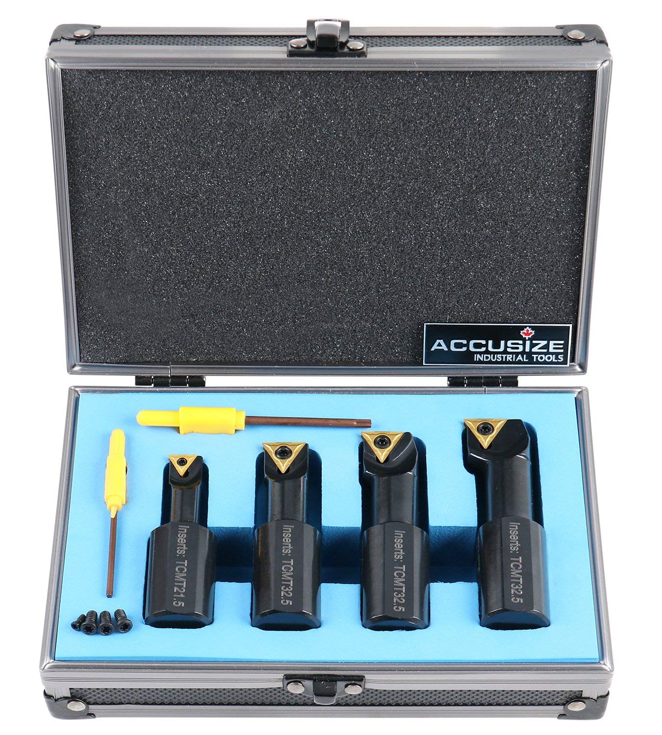 Accusize Industrial Tools 1' 4pc Indexable Stubby Length Boring Bar Set, w/Carbide TiN Coated TCMT Inserts and Extra Screws, EJ99-2182 | TCMT Inserts, Carbide, TiN Coated, Mini Bore 1/2 in-1-1/4 in, Max Bore 1-5/16 in-1-31/32 in, OAL 2-15/16 in-3-19/32 in