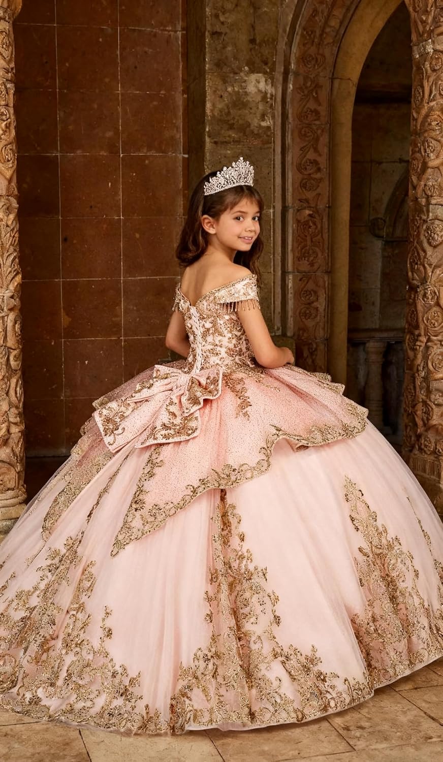Gold Applique Flower Girl Dress with Tassels Crystal Girls Ball Gown Dresses Off Shoulder Girls Pageant Dress with Bow
