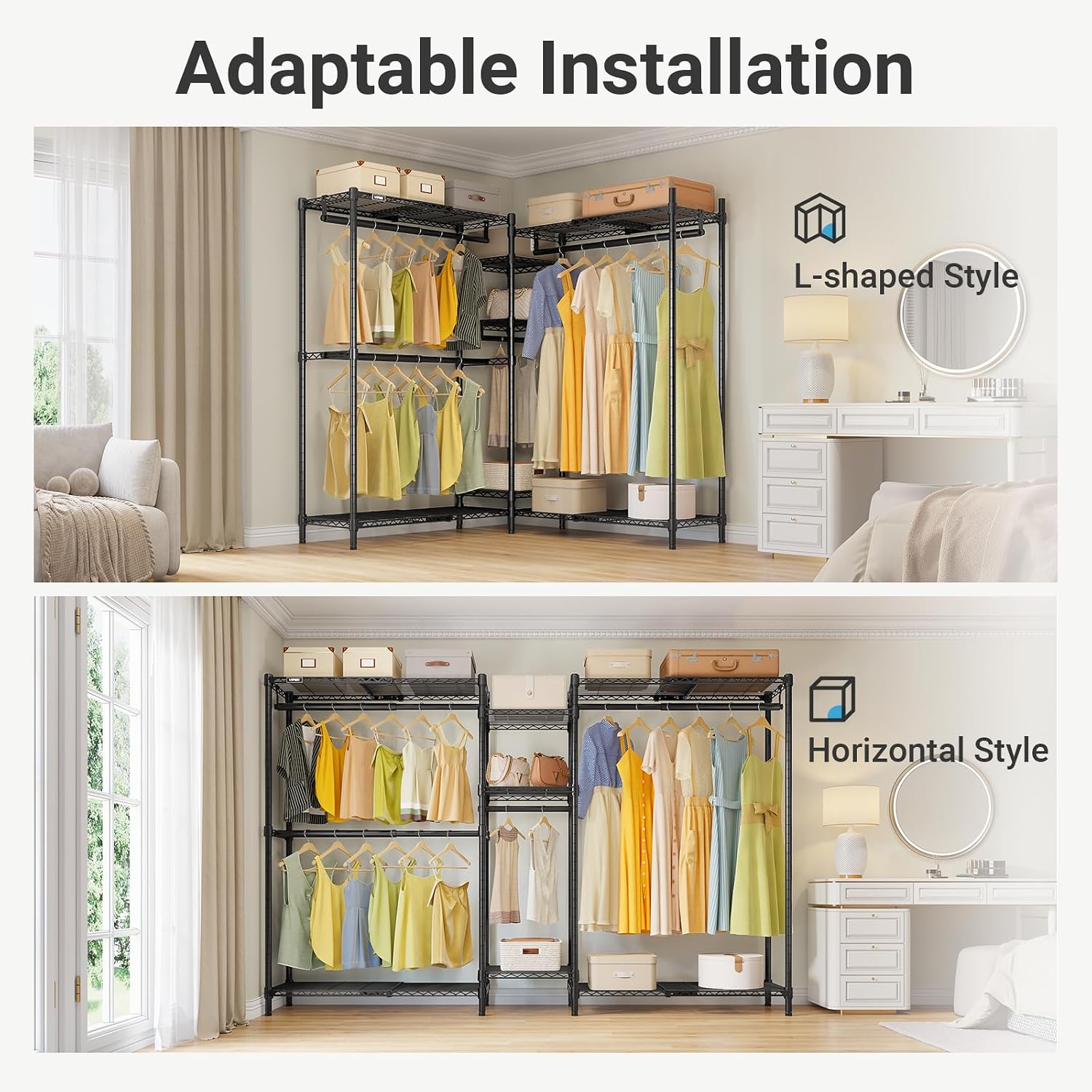 VIPEK Classic V6X Dynamic Closet System, Expandable Freestanding Clothes Rack with Shelves & Hanging Rods, Adjustable Width 62'-96', Modular Metal Clothing Rack Organizer for Reach-in Closet