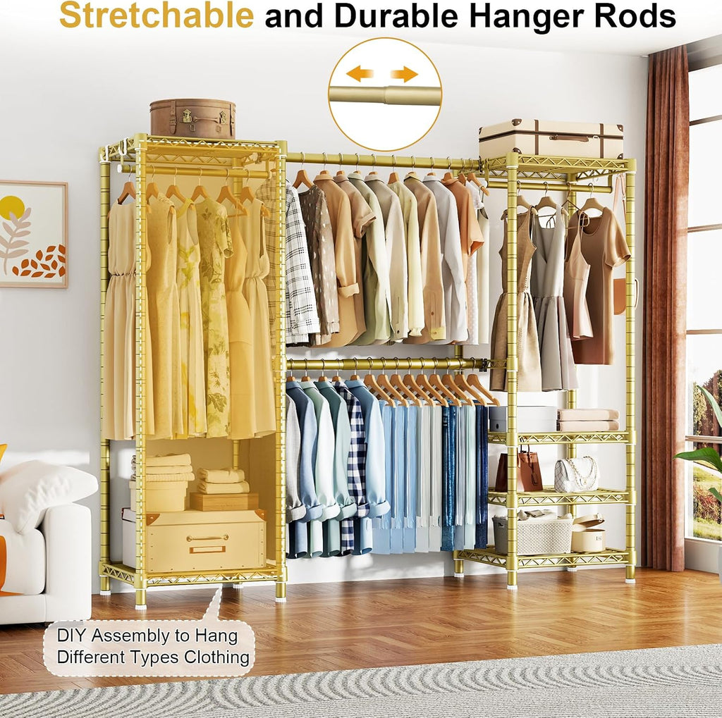 Ulif E7 Garment Rack, Heavy Duty Clothes Storage System with Extendable Hangers Rods, Metal Clothing Rack with 6 Wire Shelves, (52.3'-72') W x 14.5' D x 71.2' H, Load 838lbs, Gold