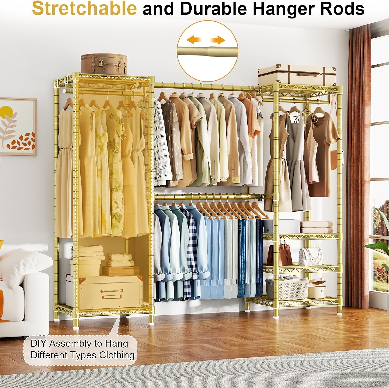 Ulif E7 Garment Rack, Heavy Duty Clothes Storage System with Extendable Hangers Rods, Metal Clothing Rack with 6 Wire Shelves, (52.3'-72') W x 14.5' D x 71.2' H, Load 838lbs, Gold