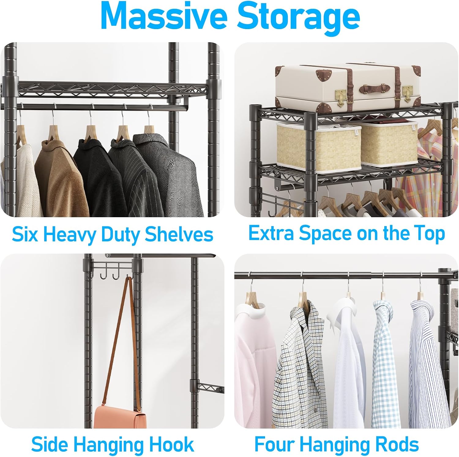 Homdox Heavy Duty Garment Rack with Extendable Hanging Rods, Adjustable Metal Clothing Rack for Hanging Clothes, Freestanding Closet Wardrobe Clothes Rack with Wire Storage Shelves, Black