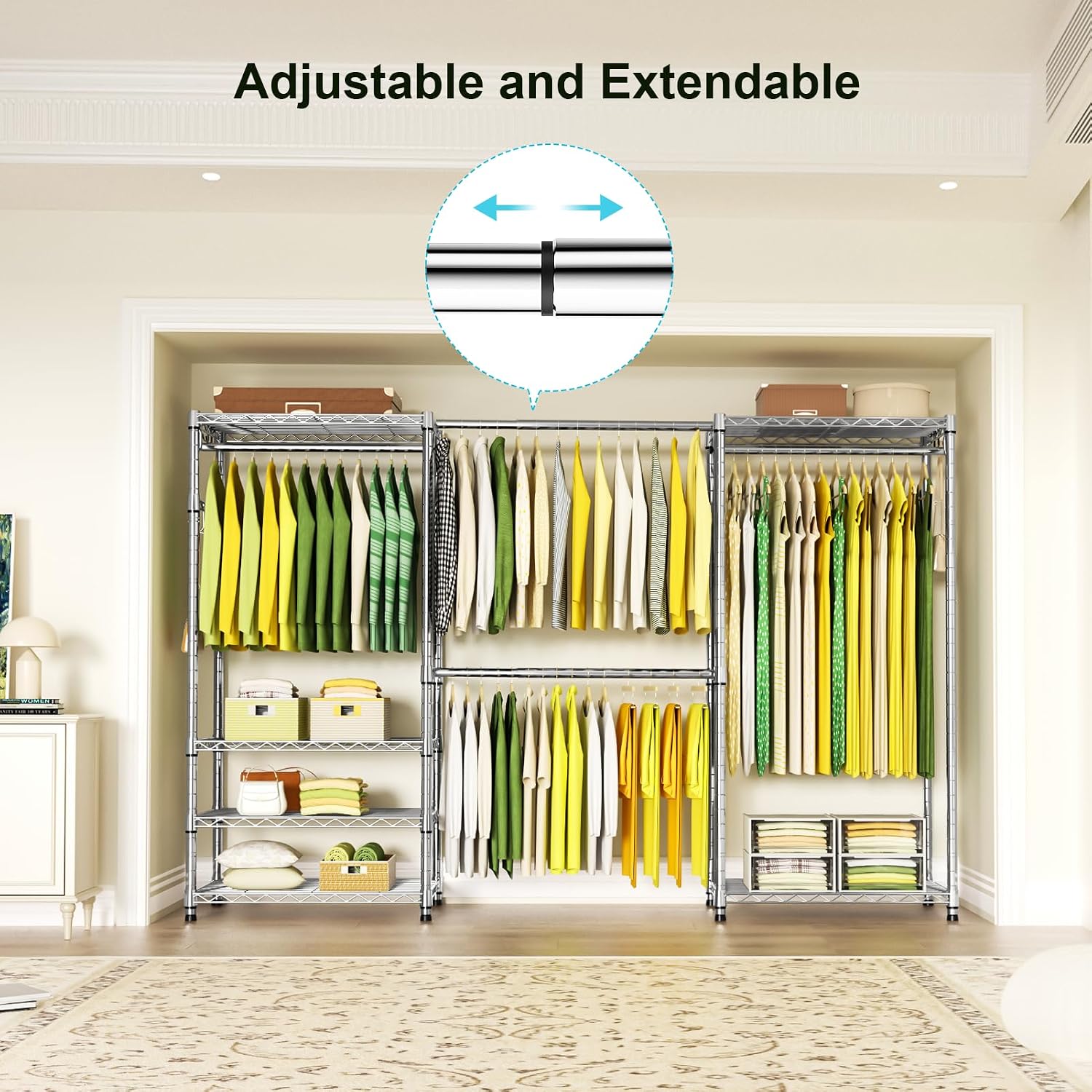Ulif E1 Heavy Duty Closet Garment Rack, 6 Tiers Adjustable Metal Freestanding Expandable Clothing Storage with 4 Hanger Rods, Easy to Assemble Wardrobe, 71.4' H x (70' - 88.2') L x 14' D, Chrome