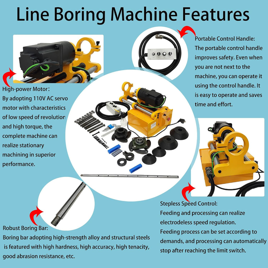 Line Boring and Welding Machine, 110V Line Boring Machine 55-260mm Hole Drilling Repair Bores with Control Handle, 150cm Bar, European Connector for Excavators, Loaders, Cranes No MIG Welder
