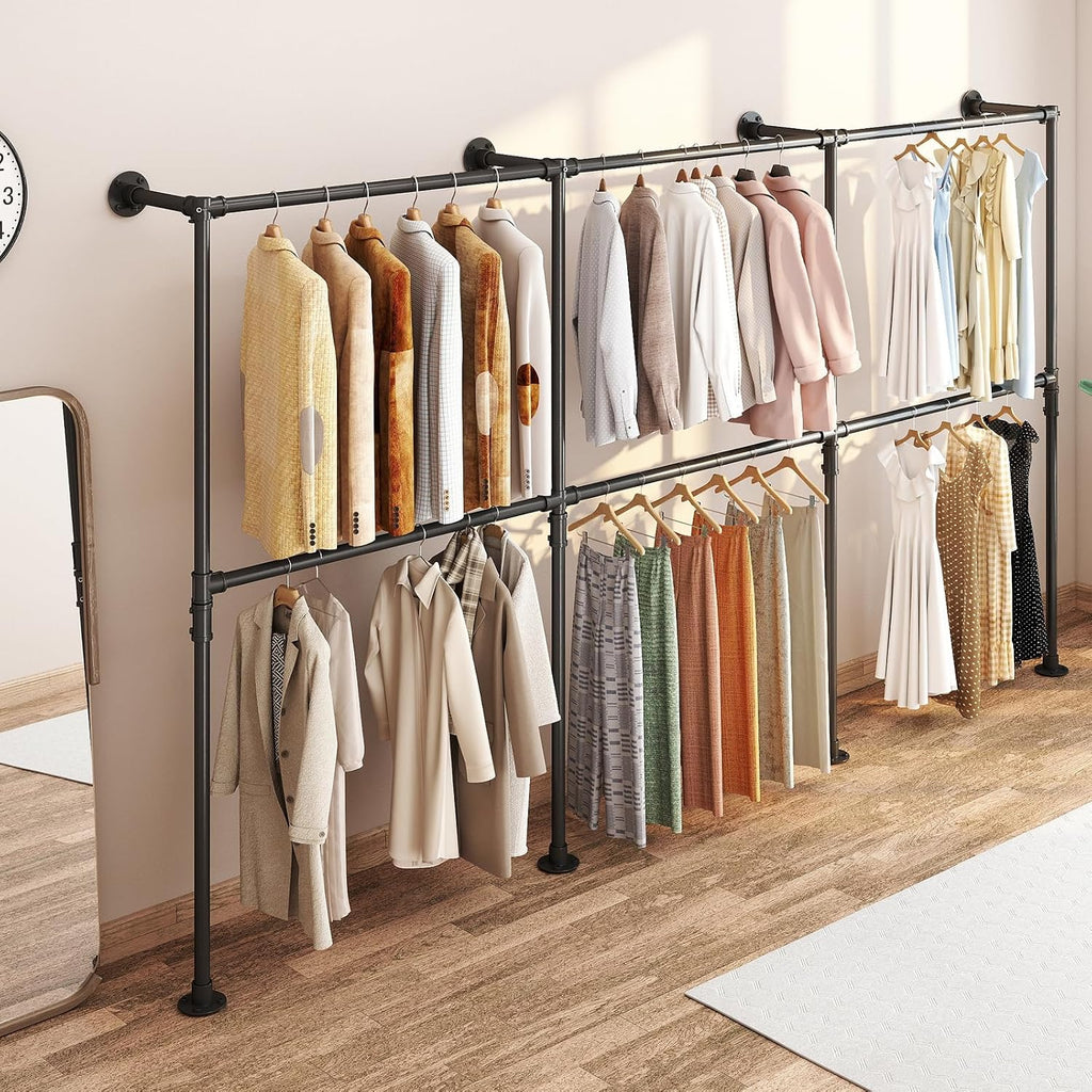 KELIXU 114.4' Industrial Pipe Clothing Rack for Wall Adjustable Height Wall Mounted Clothes Rack for Hanging Clothes, Heavy Duty Walk in Closet Systems, Garment Racks with Double Rods (Three, Black)
