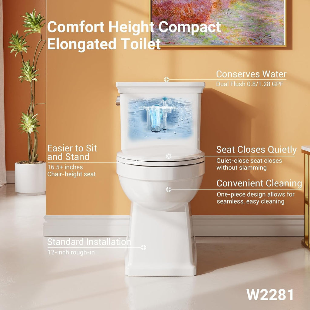 Two-Piece Elongated Toilet Set, Water Conserving Single Flush with Soft-Close Seat, Standard Installation for Home Bathrooms