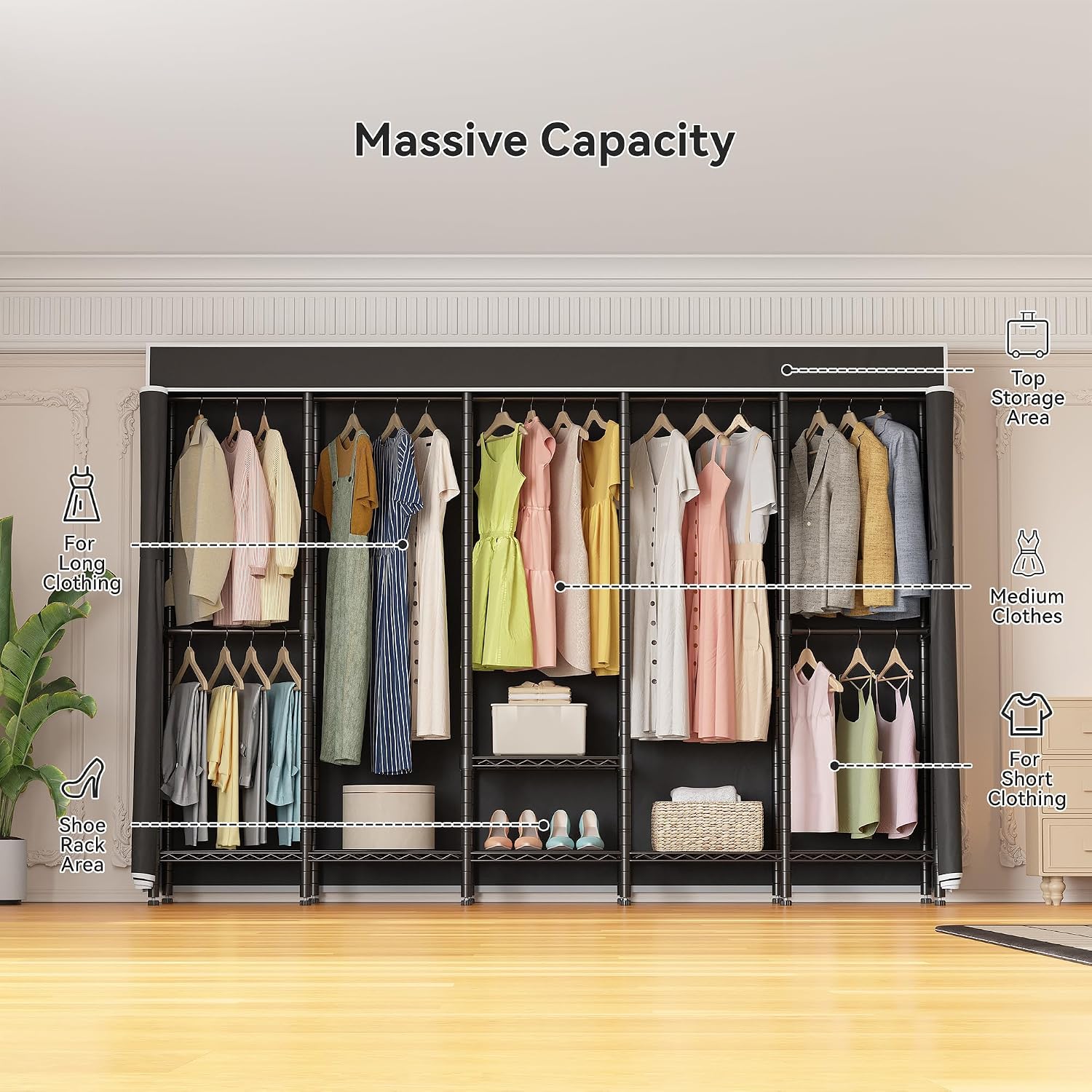 Higeego 94.5'W Heavy Duty Clothing Rack with Cover, H5C Garment Rack with Adjustable Shelves Freestanding Wardrobe Closet with Hanging Rods Portable Closet, Black Rack with Black Cover, Load 1400 lbs