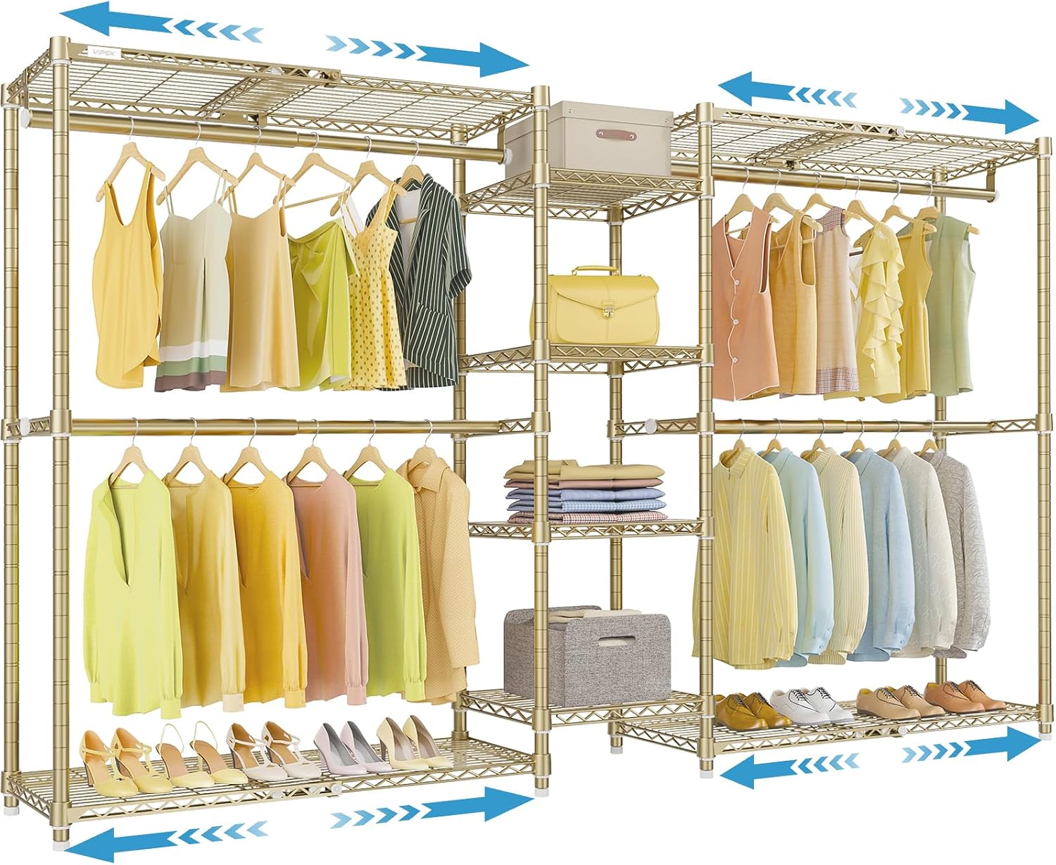 VIPEK X3 Expandable Heavy Duty Clothes Rack Adjustable from 5'2' to 8' with Adjustable Shelves and Hanger Rods, Large Freestanding Clothing Racks Reach-in & Walk-in Closet, Max Load 1210LBS, Gold