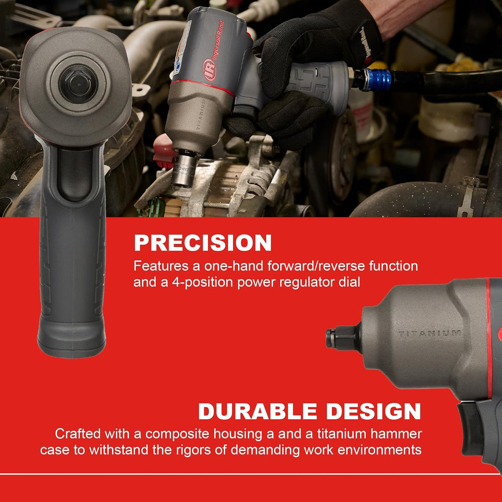 Ingersoll Rand 2115TiMAX 3/8' Air Impact Wrench, 300 ft-lbs Torque, Titanium Hammer Case, Friction Ring Retainer, Pistol
