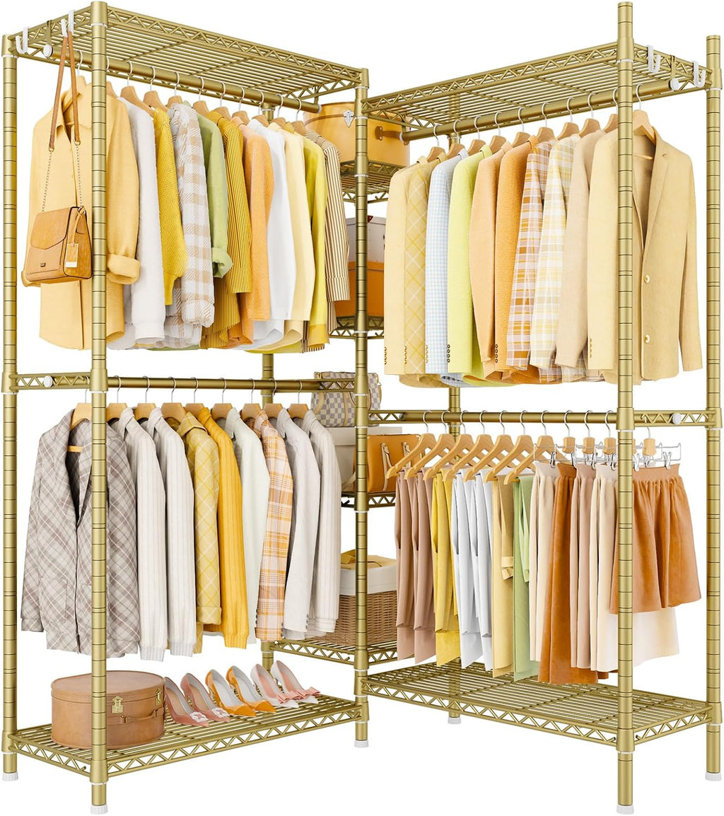 Ulif E4L Corner Clothes Rack, L Shaped Garment Rack, Heavy-Duty Freestanding Closet System with Shelves and Hangers, Max Load 962lbs, 42.7' W x 42.7' D x 79.3' H, Gold