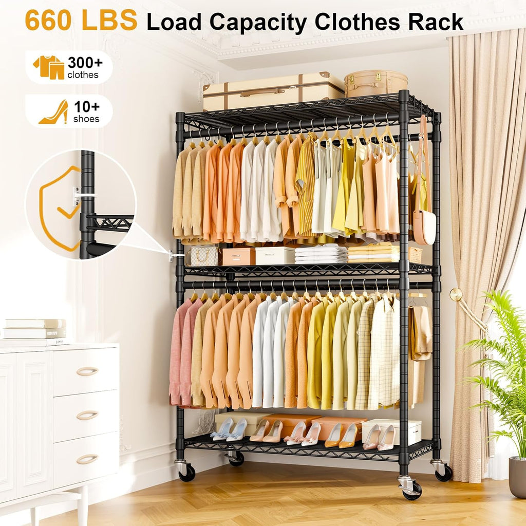 ULIFHOME P5 Plus Rolling Clothes Rack Heavy Duty, Clothing Racks for Hanging Clothes, Metal Garment Rack with Wheels, 3-Tier Portable Closet Rack 45'' W × 20.5'' D × 80.5'' H, Max Load 660 Lbs, Black