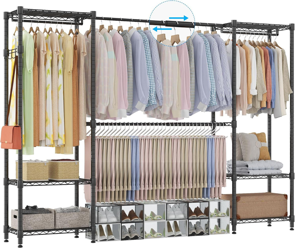 Homdox Heavy Duty Garment Rack with Extendable Hanging Rods, Adjustable Metal Clothing Rack for Hanging Clothes, Freestanding Closet Wardrobe Clothes Rack with Wire Storage Shelves, Black
