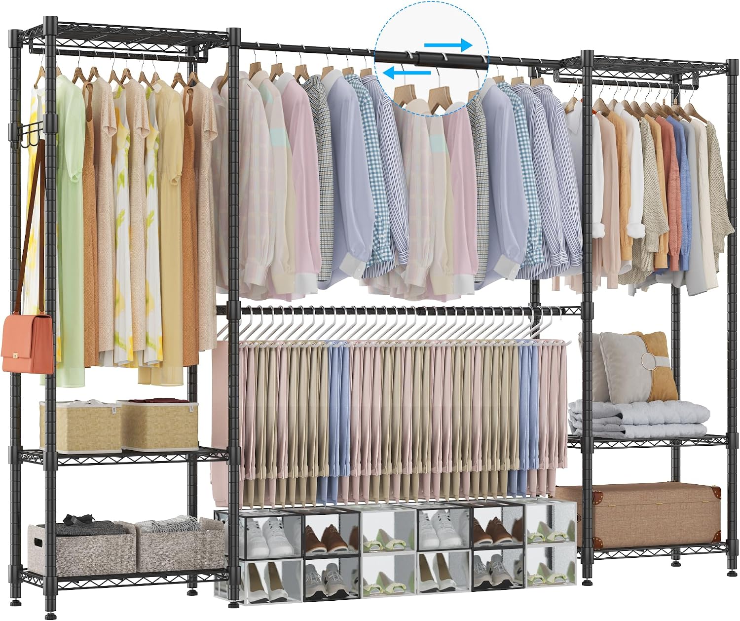 Homdox Heavy Duty Garment Rack with Extendable Hanging Rods, Adjustable Metal Clothing Rack for Hanging Clothes, Freestanding Closet Wardrobe Clothes Rack with Wire Storage Shelves, Black