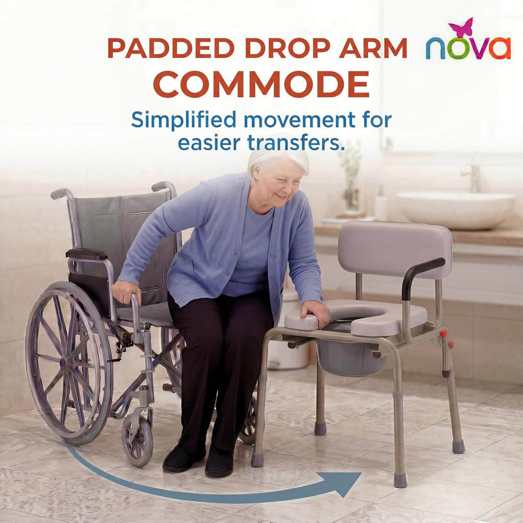 NOVA Medical Products Drop Arm Commode with Padded Seat and Back, Drop Down Arms for Easy Transfer, Stand Alone Bed Side Commode and Over The Toilet Commode, Comes with Bucket, Lid and Slash Guard Gray 1 Count