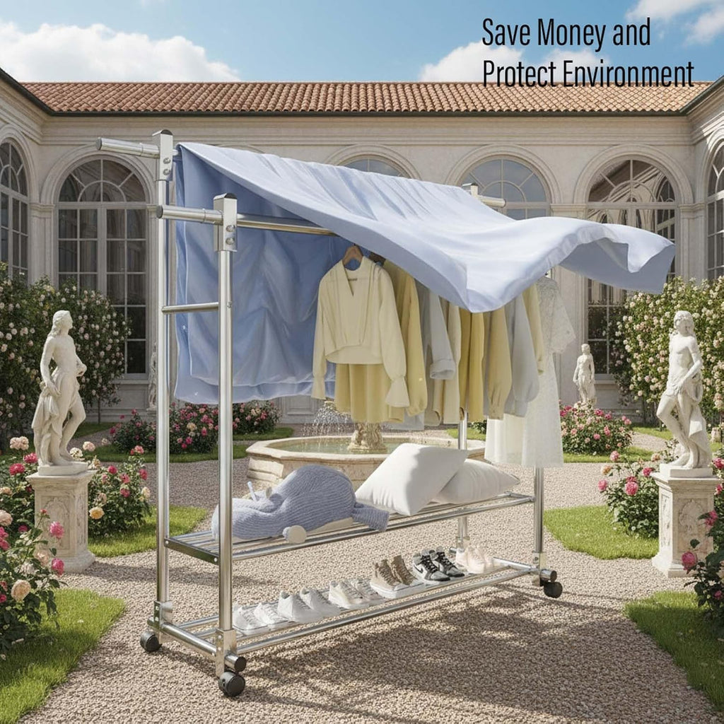 YSUEFIJO Stainless Steel Clothes Drying Rack with Wheels, Double Rods Extendable Laundry Hanger, Mobile Telescopic Garment Rack, Indoor Outdoor Folding Laundry Stand