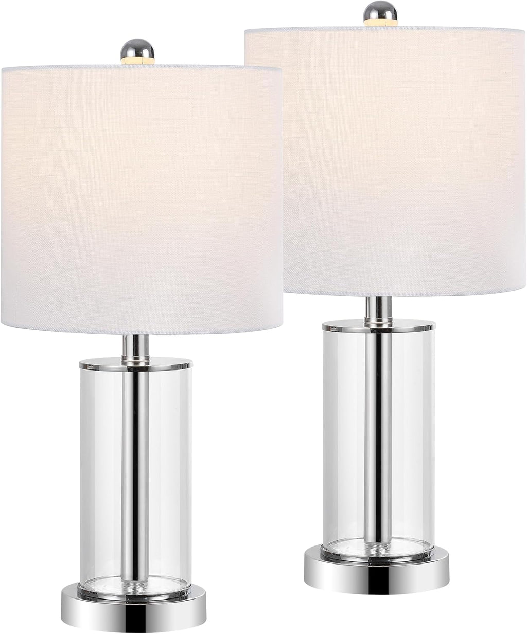 JONATHAN Y 20.5' Chrome Fillable Glass Table Lamp Set of 2, Modern Nightstand Lamps for Living Room Bedroom Office, White Linen Shade, LED Bulbs Included (JYL8508C-SET2)