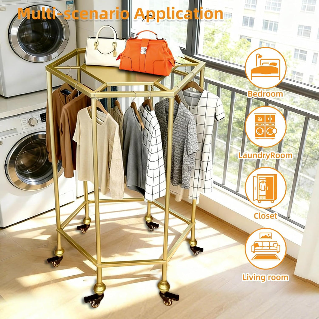 31.5-Inch Rolling Round Garment Rack with Shelf & Wheels,50'x50' Footprint,330lbs Load Heavy Duty Round Clothing Rack for Home & Retail Display, Gold
