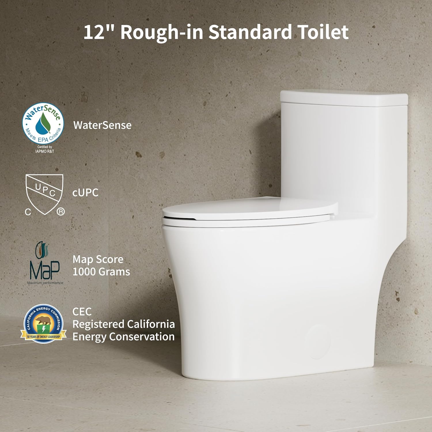 KE KING One Piece Toilet with Powerful Flush, Compact Toilet Elongated Side Lever Flush 1.28 GPF, Sleek Design White Toilet Bowl, MAP Score 1000g, 12'' Rough-in, Certified Quality