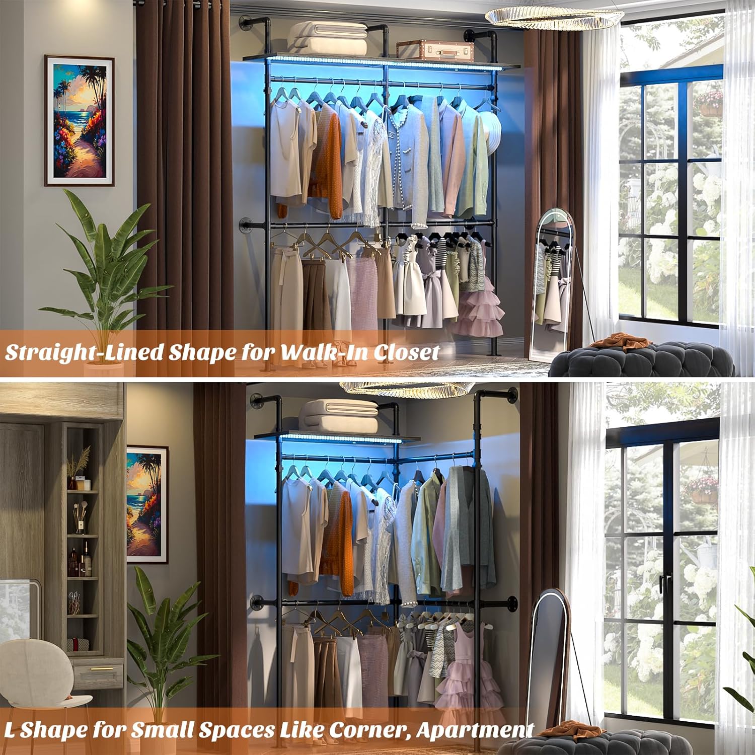 Aheaplus Industrial Pipe Clothing Rack, Reversible 79.7'' Clothes Rack for Hanging Clothes, Heavy Duty Garment Racks Closet Wardrobe Racks with LED Lights& Shelves, Walk-in Closet System, Black Oak