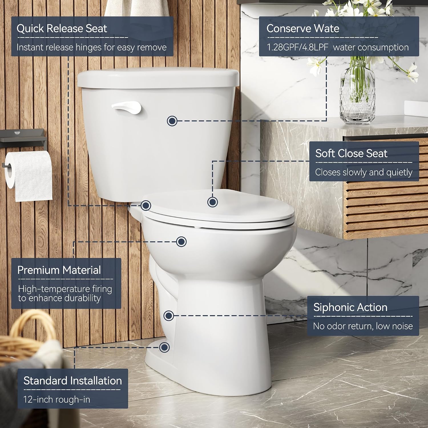 Two-Piece Elongated Toilet Set, Water Conserving Single Flush with Soft-Close Seat, Standard Installation for Home Bathrooms