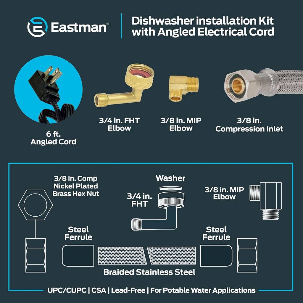 Eastman 6 Ft. Dishwasher Installation Kit, Braided Stainless Steel Supply Line with 3/8 Inch Compression Ends, 3-Prong Straight Power Cord, 41150 (Pack of 12)