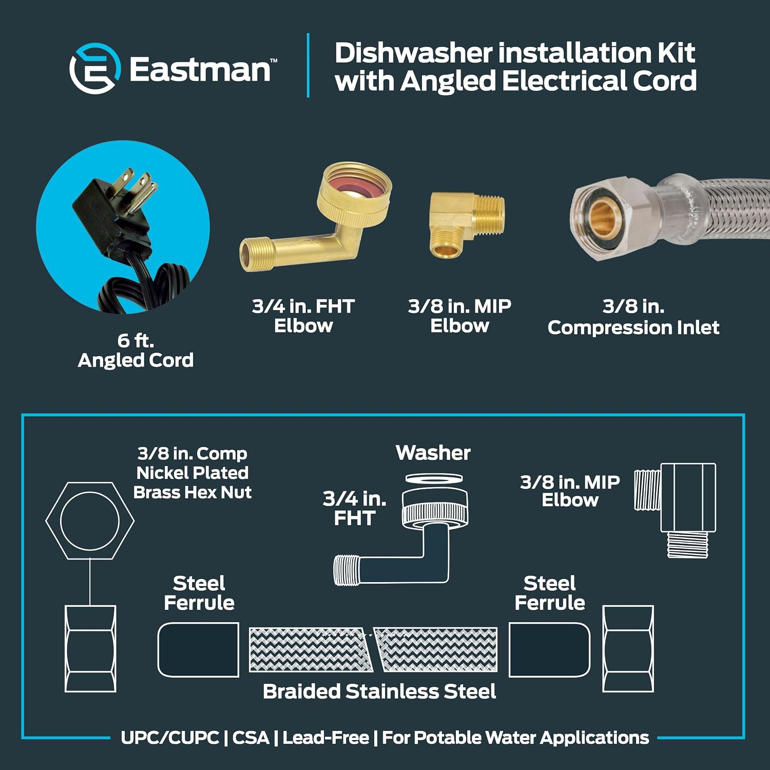Eastman 6 Ft. Dishwasher Installation Kit, Braided Stainless Steel Supply Line with 3/8 Inch Compression Ends, 3-Prong Straight Power Cord, 41150 (Pack of 12)