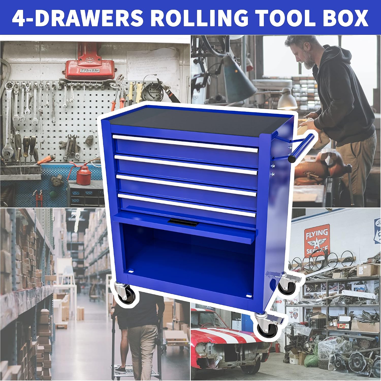Larmliss Tool Cart on Wheels 24.4in，4 Drawers Rolling Tool Box，Locked Drawers Storage Organizer Cabinet for Garage, Warehouse, Repair Shop, Workshop